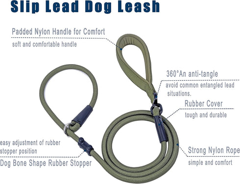 Slip Lead Dog Leash, 6ft - Strong Nylon Rope, Anti-Choking, Anti-Pull for Small Medium Large Dogs (Army Green)