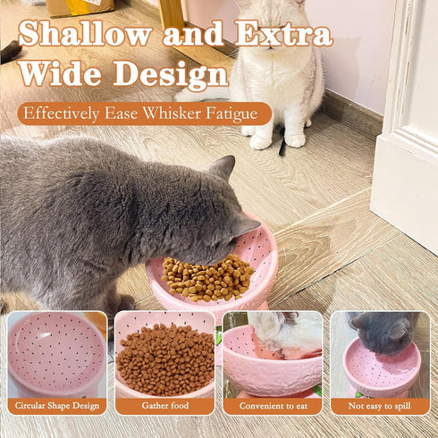 Cat Food Bowl Whisker Friendly, Ceramic Raised Bowl for Indoor Cats, Extra Wide Tilted Dish in Pink