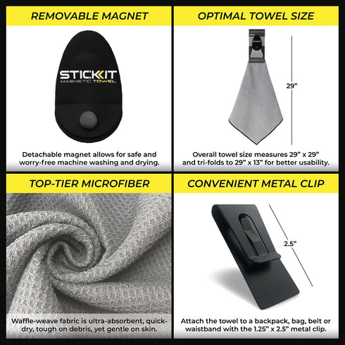 STICKIT Magnetic Sports Towel for Gym & Yoga, Quick-Dry Absorbent Microfiber with Deep Waffle Pockets, Powerful Magnet