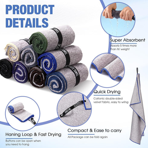 8 Pack Peryiter Microfiber Quick Dry Gym Towels, Odor-Free Absorbent Fiber, Fast Drying Working Out Towel for Men