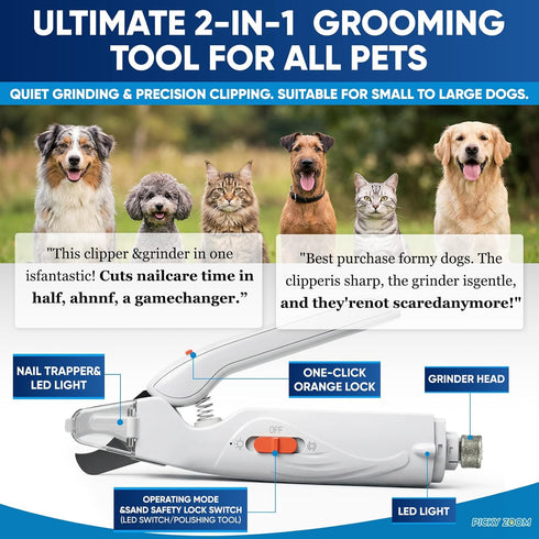 Picky zoom 2-in-1 Trimmers, Dog & Cat Nail Clippers and Grinder with Light Upgraded Safety Guard to Avoid Overcutting