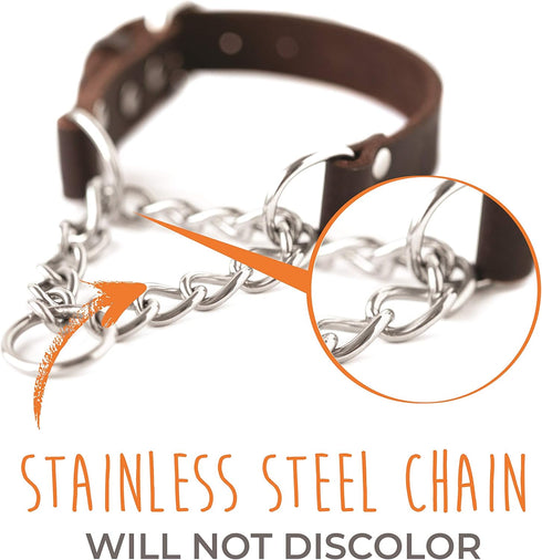 Mighty Paw Martingale Dog Collar - No Pull Design, Stainless Steel Chain, Brown Leather Martingale Training Collar