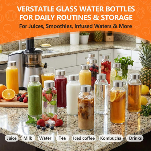 16 oz, 8 Pack 100% Luxfuel Glass Water Bottles with Lids Reusable Juice Bottle with Stainless Steel Cap & Straw, Leak