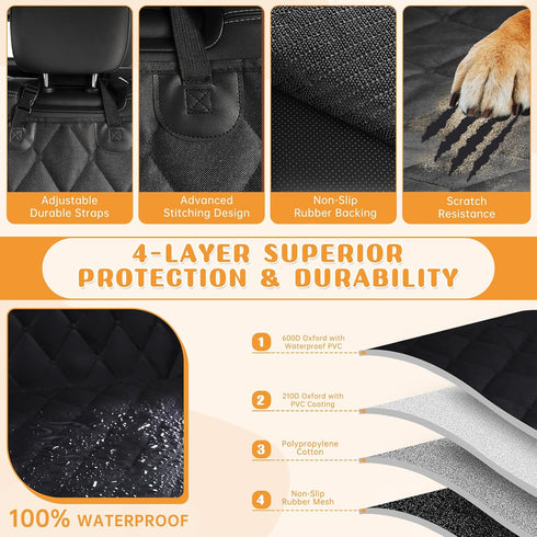 100% 600D (54" 59" Dog Car Seat Cover for Back Seat Waterproof, Long-Lasting and Soft Nonslip Backseat Dog Cover