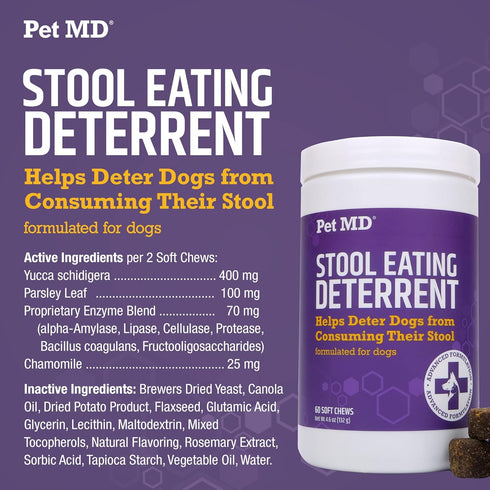 Pet MD Stool Eating Deterrent - 60 ct Chews to Prevent Dog from Eating Poop - Coprophagia Aversion with Enzymes, Herbs