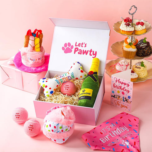 Vertintong 10 Set Pcs Dog Birthday Toy Dog Birthday Cake Bone Wine Bottle Hat Bib Ball Card Ribbon Plush Pet Gifts