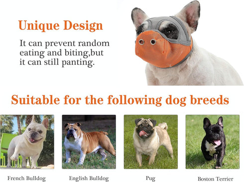Short Snout Dog Muzzles, Adjustable Breathable Mesh for Bulldogs, Anti-Biting Training, Orange