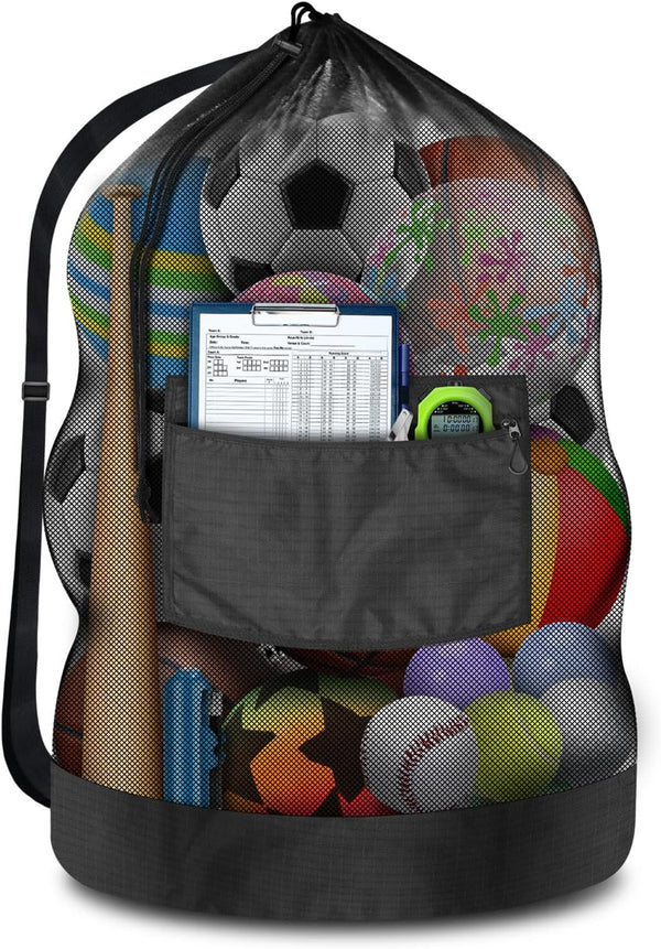 Heavy Duty Soccer Ball Net Bag, 100L Extra Large Capacity for 10-12 Balls, Drawstring Mesh Bag with Zipper Pocket