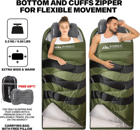 Sleeping Bag for Adults and Teens, Cold Weather Thickened Camping Bed, Extra-Wide 33In, Queen Size XL