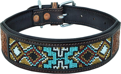 Western Style Genuine Leather Beaded Dog Collar Hand Tooled and Padded 10AB018