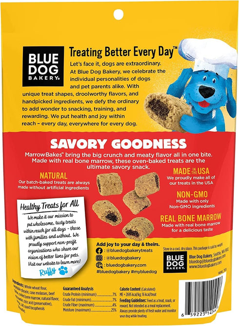 Blue Dog Bakery Natural Dog Treats, Marrow Bakes, Real Bone Marrow, Beef Flavor, 12oz, 6 Count