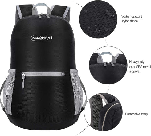 ZOMAKE Ultra Lightweight 20L Hiking Backpack, Packable Water Resistant Daypack for Women & Men (Black)