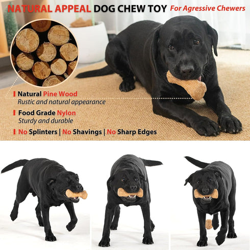Dog Chew Toys Pine Wood and Nylon, Tough Toys for Aggressive Chewers, Real Bacon Indestructible Toys to Keep Them Busy