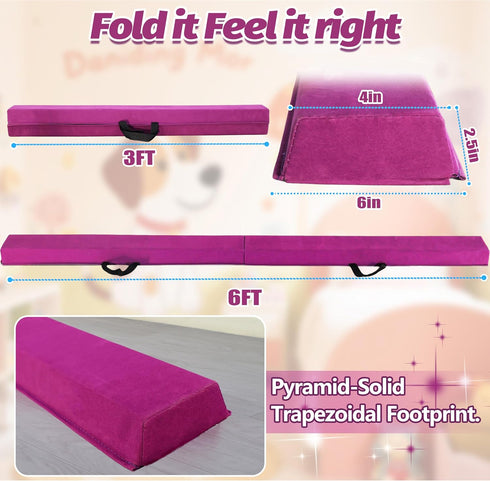 6FT/9FT 3-15- Folding Balance Beam for Kids ages Foldable Gymnastics Floor Beam,Anti-Slip ,Carrying Bag, Faux Suede
