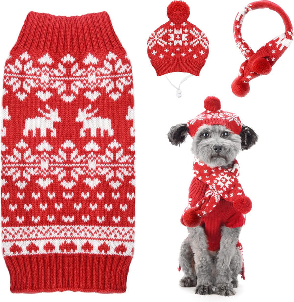 Dog Christmas Sweater Scarf and Hat Set, Cute Red Reindeer Snowflake Outfits for Small Dogs Cats, Large
