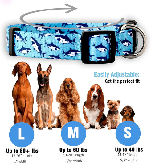 Native Pup Cute Animal Dog Collar, Adjustable Size Shark Pattern for Girl or Boy Dogs, Durable Nylon (Large, Sharks)