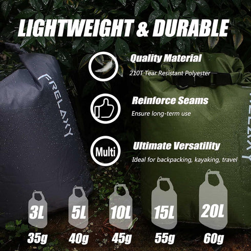 Frelaxy Dry Bag 3-Pack/5-Pack, Ultralight Outdoor Bags to Keep Gear Dry for Hiking, Kayaking, Camping