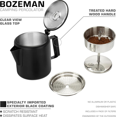 Bozeman [6 COLETTI Black Percolator Coffee Pot Camping Coffee Pot Americas Sleekest Percolator NO Aluminum or Plastic