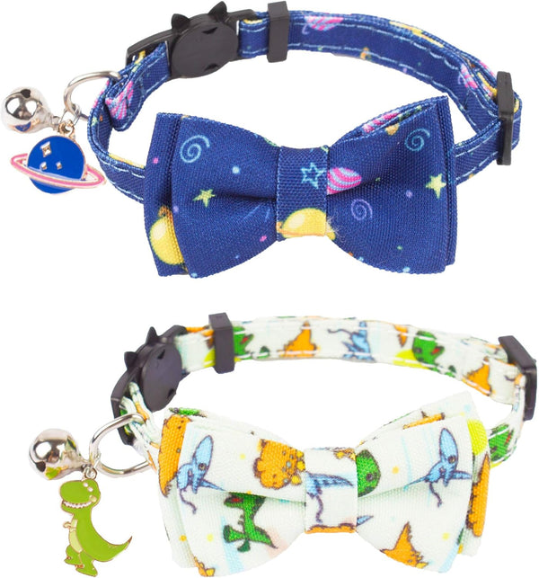 ADOGGYGO Cat Collar Breakaway, 2 Pack Kitten Collar with Removable Bowtie, Universe Dinosaur Design