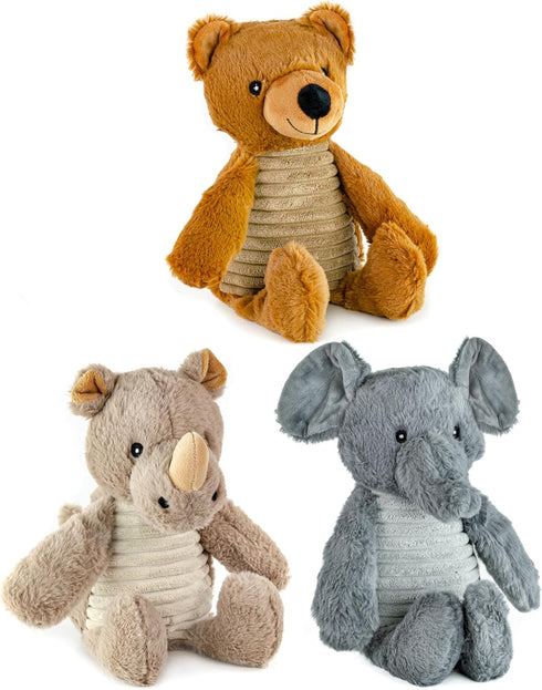 Safari Pet Plush Toy with Squeaker, Bear, Rhino, Elephant