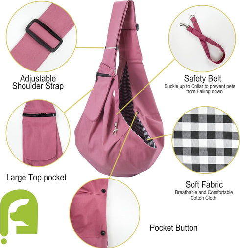 Pet Sling Carrier - Adjustable Shoulder Strap Puppy Tote, Hands-Free Reversible Pet Backpack for Outdoor Travel Pink