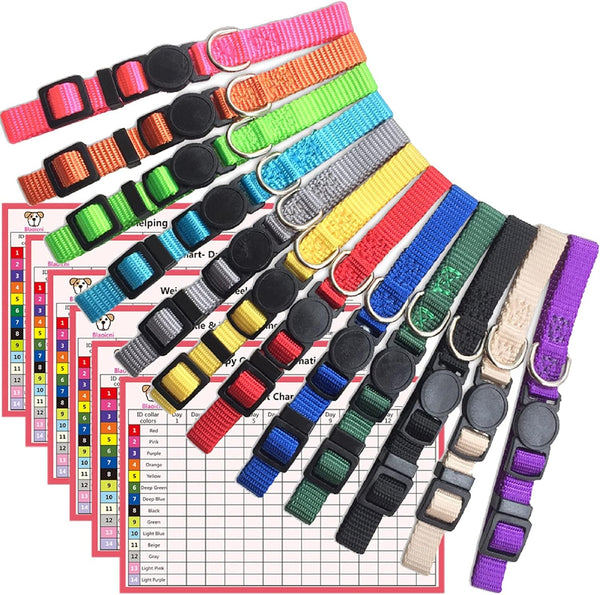 Puppy Collars for Litter - Soft Nylon Safety Whelping Litter Collar for Newborn Pets with Record Keeping Charts (12pcs,