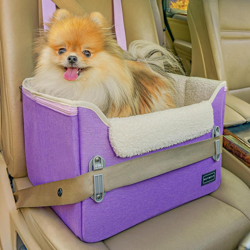 PETSFIT Small Dog Car Seat, Purple, Portable Booster Seat for Dogs Up to 25lbs with Clip-On Leash & Adjustable Straps