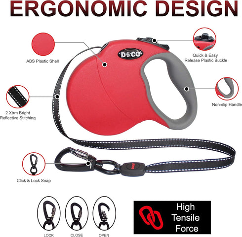 DOCO All Day Adventure Retractable Dog Leash, Medium 16 Feet with Stop-and-Lock Control & Reflective Tape
