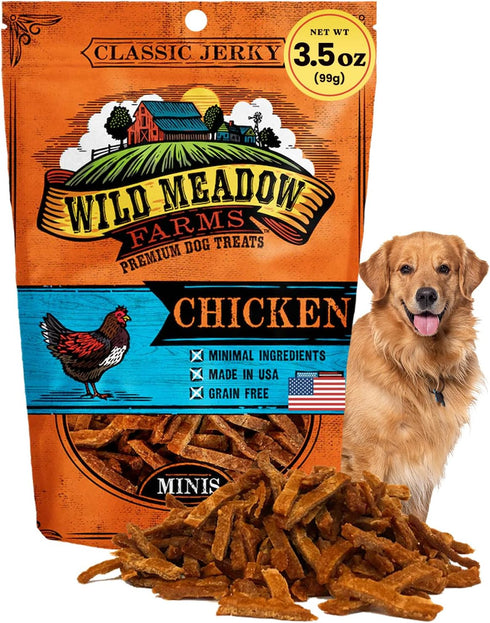 Wild Meadow Farms Classic Chicken Minis, Soft Jerky Training Treats for Dogs, Grain-Free, 3.5oz, All-Natural