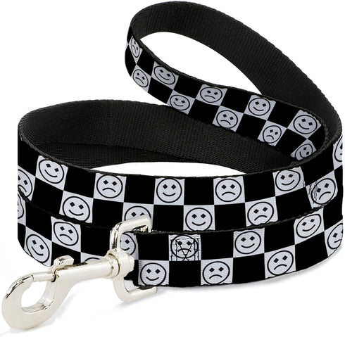 Buckle-Down Pet Leash - Smiley Sad Face Checker Black White, 4 Feet Long 1.0 Inch Wide