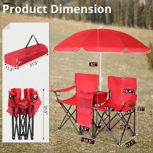 Volowoo Portable Double Folding Picnic Chairs,Double Folding Beach Chairs,Beach Camping Chair W/Umbrella Mini Table