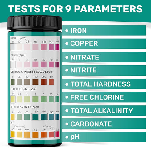 JNW Direct 9-in-1 Aquarium Test Strips - Quick & Accurate Fish Tank Test Kit - 100 Test Strips with eBook