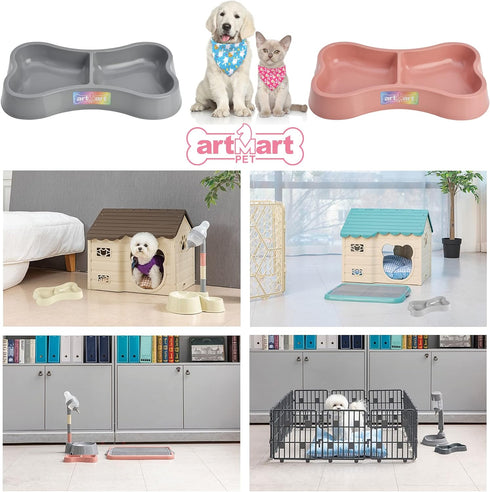 Lightweight Small Dog Puppy Cat Food and Water Bowls 6 oz Double Pink Plastic Portable Outdoor Travel Dish (Indie Pink)