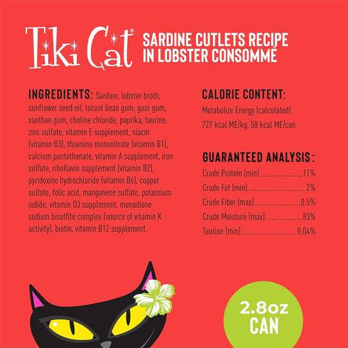 Tiki Cat Grill Wet Cat Food, Sardine Cutlets in Lobster Consommé, 2.8 oz Cans, 12 Count