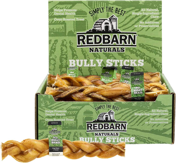 Redbarn 9" Braided Bully Sticks for Dogs - Natural, Grain-Free, Long-Lasting Dental Chews from Grass-Fed Cattle