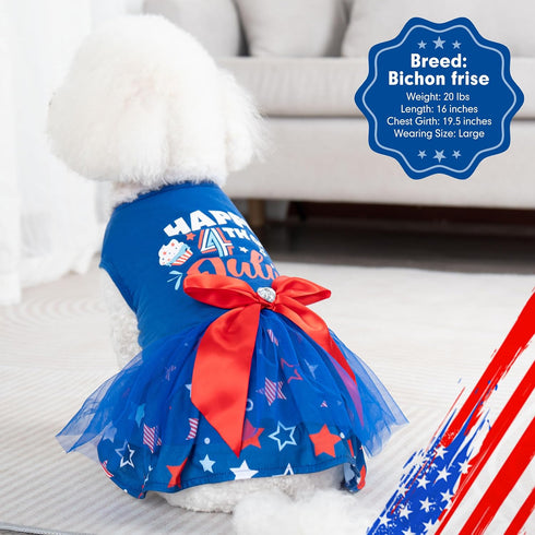 cyeollo 4th of July Dog Dress, Tulle Skirts for Small Dogs, Patriotic Outfits with Bowtie, Blue, Size S