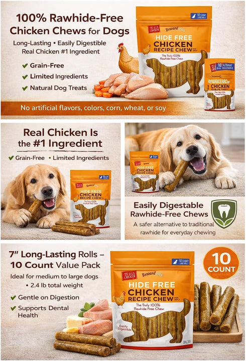 10 Pack 7" (2.4lb) Dog Chews Rawhide-Free - Chicken Dental Treats for Large Dogs, Grain-Free Digestible Chews, Rolls by