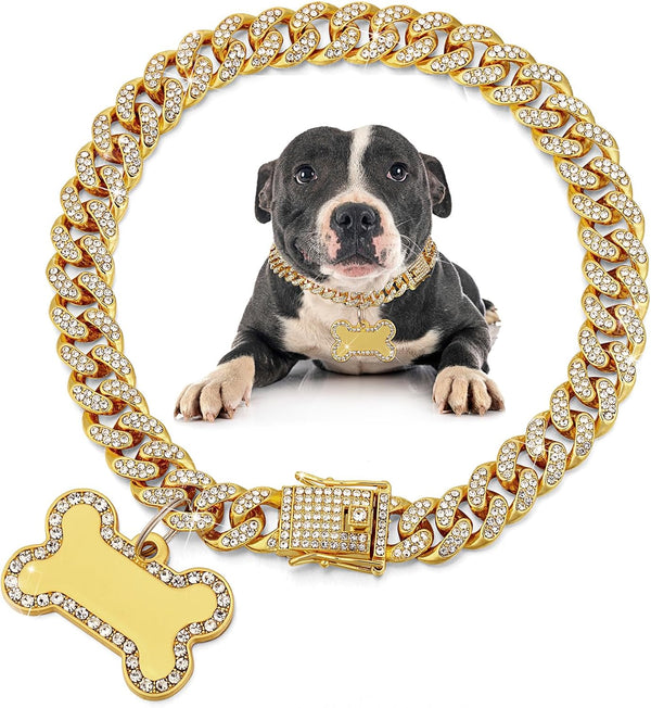 Hillban Dog Chain Golden Diamond Collar with Pet ID Tags, Rhinestones Stainless Steel for Small Dogs (8 Inch)