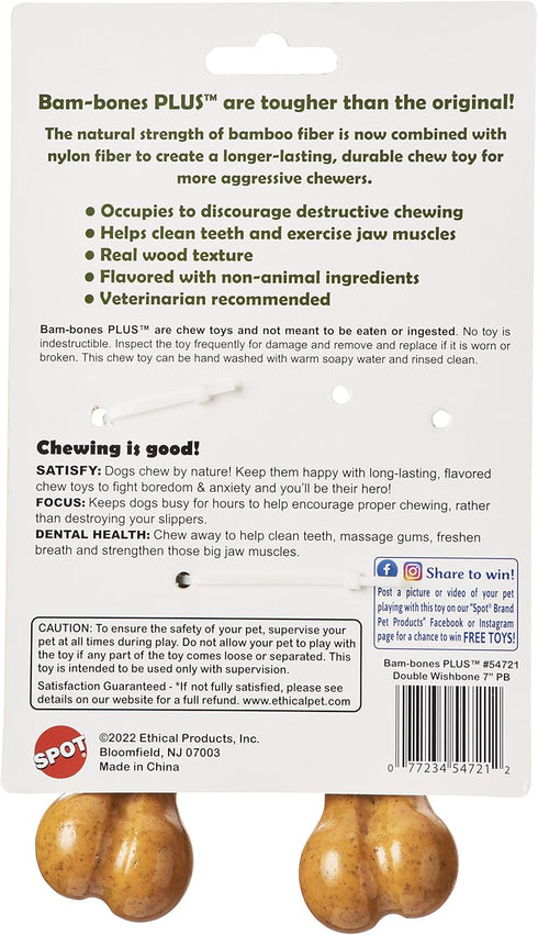 SPOT Bam-bones PLUS Double Wishbone - Bamboo Fiber & Nylon, Durable Chew for Aggressive Chewers, 7in, Peanut Butter