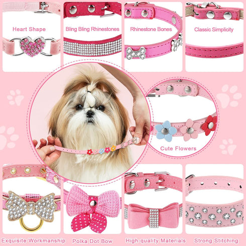 9 Pieces Pink Rhinestones Dog Collar, PU Leather Bling Crystal Collars with Bow, Bone, Heart, Flower for Pets
