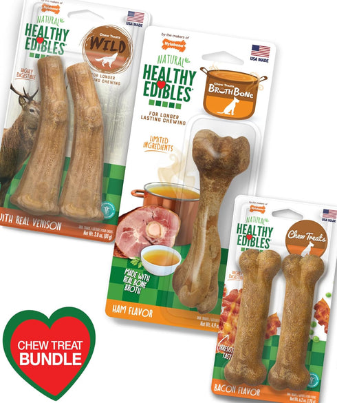 Nylabone Healthy Edibles Natural Dog Chews, Long Lasting Ham, Bacon, & Venison Flavor Treats for Dogs, Medium (5 Count)