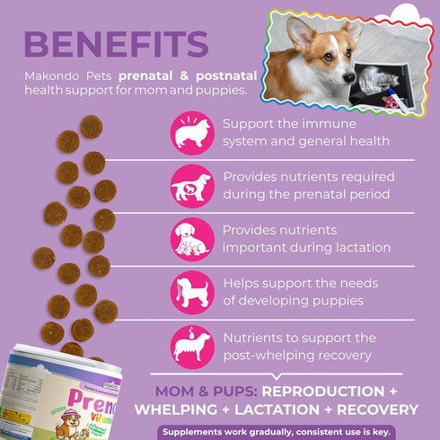 120 Dog Prenatal Vitamins Soft Chews Multivitamin, Folic Acid, Zinc, B-Complex, DHA & EPA Omegas and Probiotics