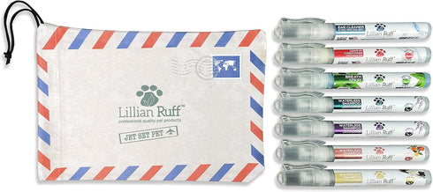 Lillian Ruff Travel Kit for Dogs, Deodorizing Waterless Dog Shampoo x4, Dog Breath Freshener, Detangler Spray, Ear