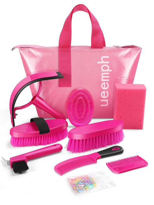 Horse Grooming Kit, Pink Storage Bag with 10 Piece Professional Equestrian Care