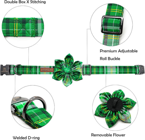 Lionheart glory St. Patrick's Day Dog Collar with Flower Dog Collar for Medium Dogs, Green Plaid Collars Spring Dog Collar Flower Pet Collar Bows Heavy Duty Cute Collars
