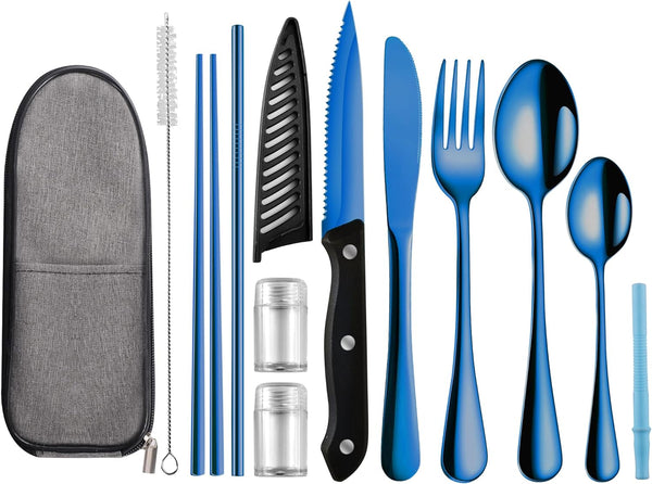 Portable Travel Utensils Set, Reusable Stainless Steel Cutlery with Case, Lunch Boxes for Camping, School, Picnic (Blue)