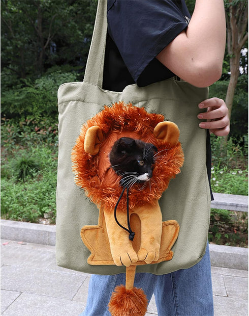 Dog Tote Bag with Zipper - Cat Shoulder Carrier, Lion-Shaped Pet Canvas Bag for Daily Use, Walking, Travel (L, Dark