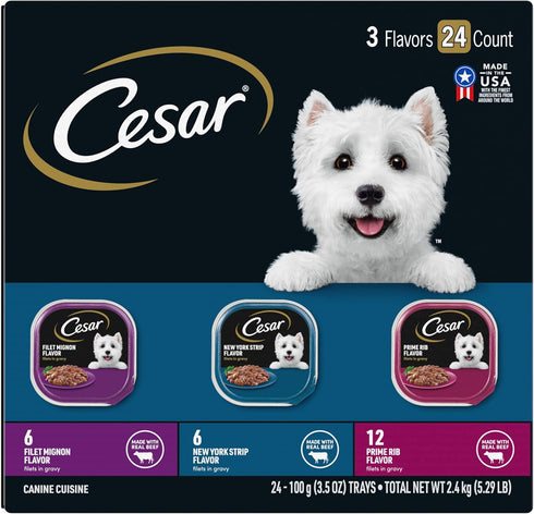 CESAR Filets in Gravy Adult Wet Dog Food, Variety Pack with Filet Mignon, New York Strip, and Prime Rib, 3.5 oz.