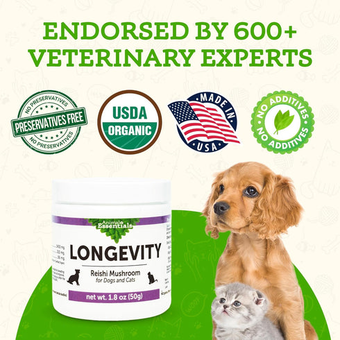 Animal Essentials Longevity Reishi Mushroom Supplement for Dogs & Cats, Antioxidant for Healthy Cardiovascular Function