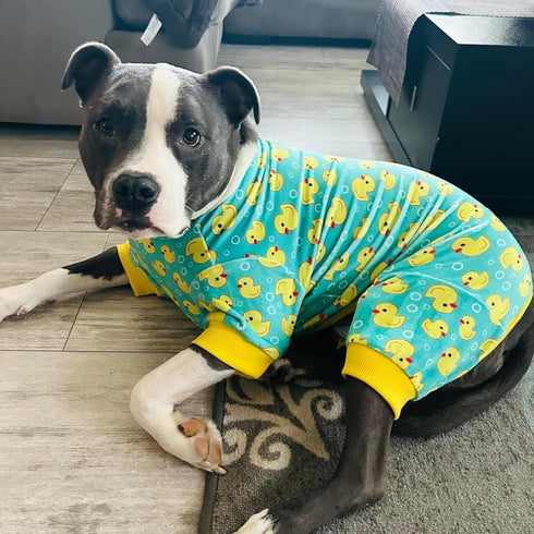 KYEESE Velvet Dog Pajamas, Soft Pjs for Medium Sized Dogs with Yellow Ducks Pattern, Stretchy Pet Jammies Coat Comfy